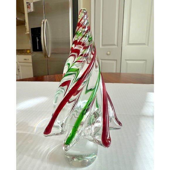Blown Art Glass Christmas Tree ~ Clear Red & Green Swirl Twisted ~ 8” New - Picture 3 of 14